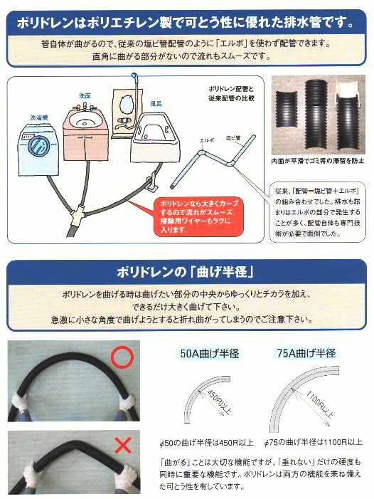 ポリドレンはポリエチレン製で過とう性に優れた排水管です。